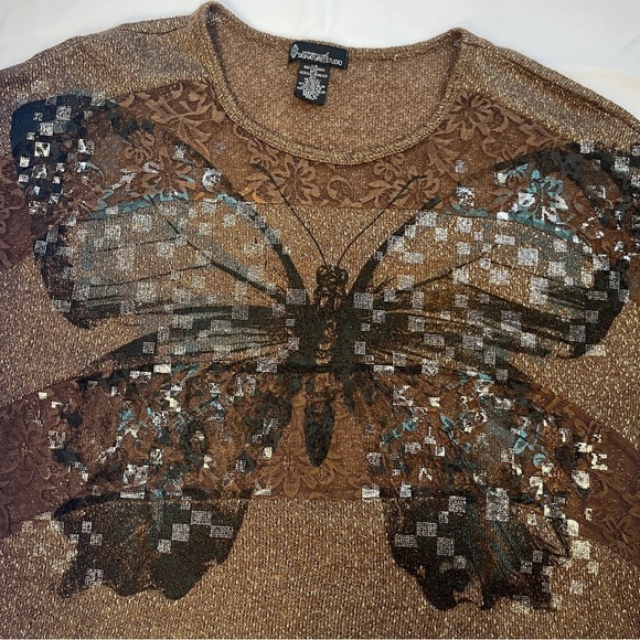 Multi-Media Butterfly Short Sleeve Metallic Detail Loose Weave Sweater Brown L - Picture 3 of 9